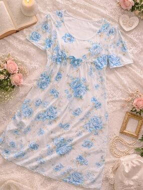 Cottagecore Blue Floral Nightgown Dress Soft Girl Lounge Dress